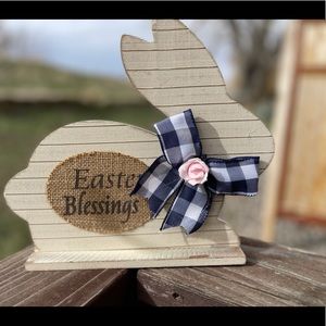 Adorable Easter bunnies, Blue Buffalo Check ribbon. Bunnies are wood. Only 1 set